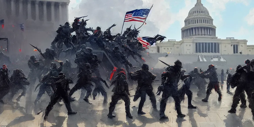 Prompt: character art by ruan jia, man rams barricade at the us capitol as capitol police descend