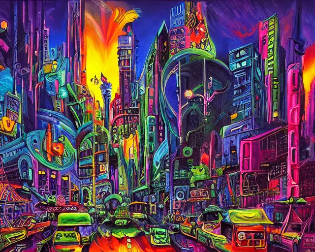 Image similar to surreal colorful nightmarish cityscape, artwork by ralph bakshi