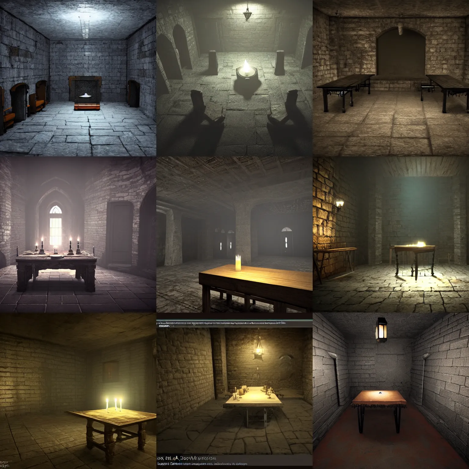 Prompt: dark gloomy dungeon room with table, low visibility, low brightness, gray stone, oppressive, shadows, candlelight, midnight, unreal engine, anime