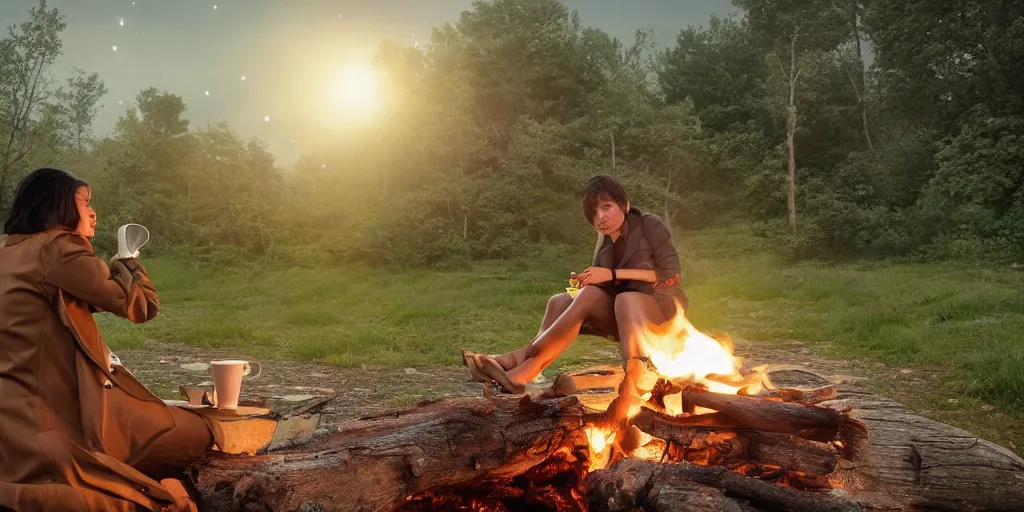 Prompt: A Z-brush octane render of a girl with short black hair and green eyes in a tan trenchcoat sitting on a log and drinking tea by the campfire by her motorcycle at night under the stars, elegant scene, beautiful landscape in the background, wide angle, cinematic lighting, atmospheric, ultrarealistic, trending on artstation, cgsociety, highly detailed, color graded, in the style of craig mullins, rendered in Unreal Engine 4k HQ, horizon forbidden west