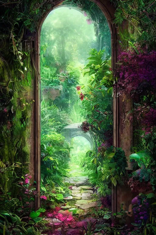 Image similar to photograph of a secret garden through a doorway, nature, lush, greenery, fantasy, fantasy aesthetic, fantasy vibe, colorful, faded effect, artstation, trending, detailed, small details, scenery,