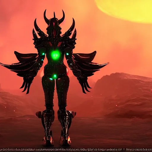 Image similar to the most beautiful cosmic android robot female devil, long glowing horns, huge wispsy wings, devil wings, into the cosmic sun, photo pic by unreal engine