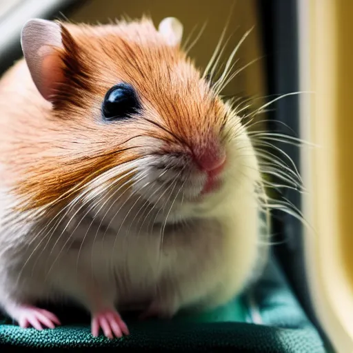 Prompt: detailed photo of a hamster, sitting on a seat in a train, various poses, wide shot, unedited, soft light, sharp focus, 8 k