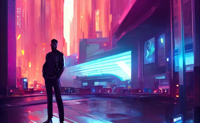 Image similar to handsome black genius infiltrating the metaverse, cinematic and dramatic, curved translucent holographic displays, urban atmosphere, cmyk glowing lights, highly detailed, digital painting, artstation, concept art, smooth, sharp focus, illustration, art by wlop, mars ravelo and greg rutkowski