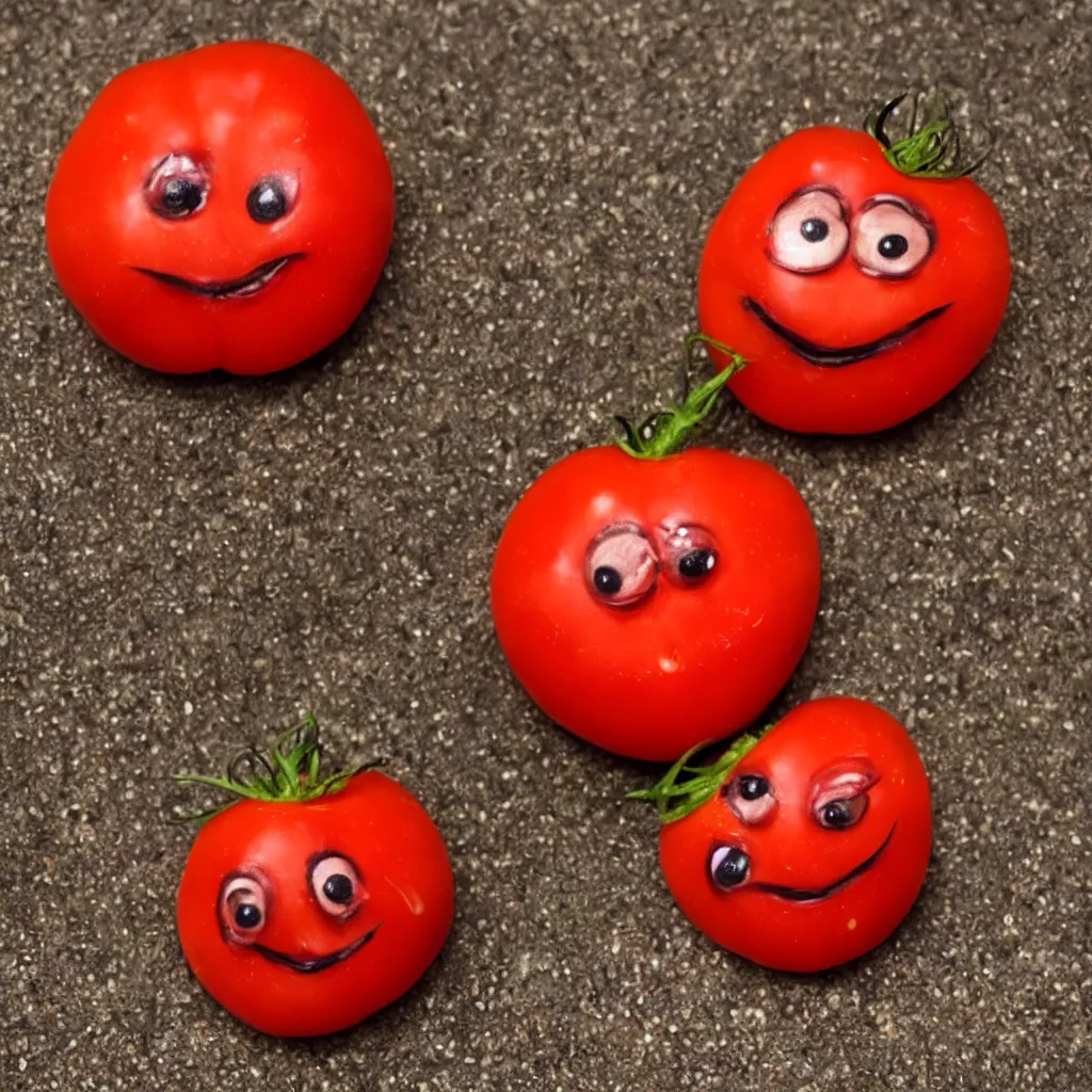 Prompt: A hyperrealistic tomato with a face grinning creepily