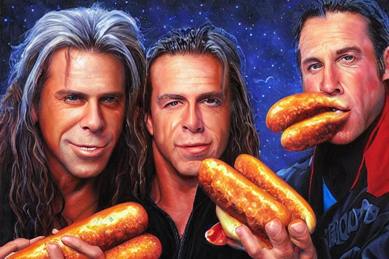 Image similar to portrait of wwf shawn michaels and wwf bret hart sharing hotdogs, an oil painting by ross tran and thomas kincade