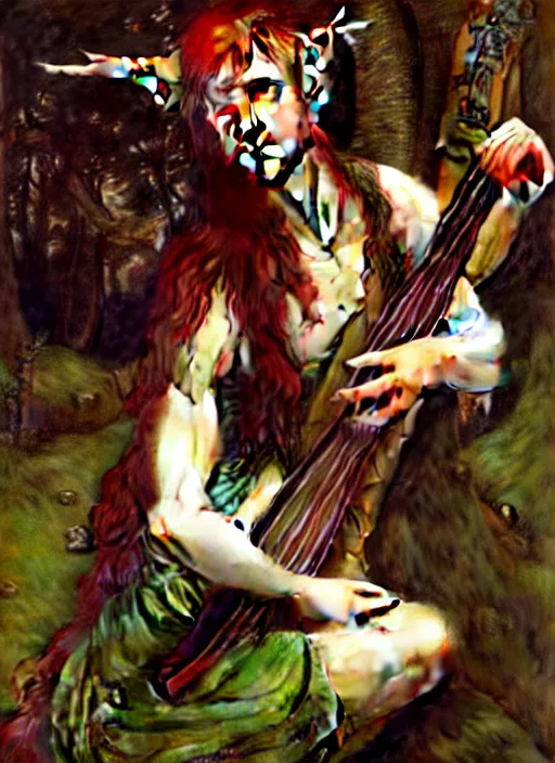 Image similar to forest elf bard playing lute, full body, hyper realistic, extremely detailed, dnd character art portrait, dark fantasy art, intricate fantasy painting, dramatic lighting, vivid colors, deviantart, artstation, by edgar maxence and caravaggio and michael whelan and delacroix.