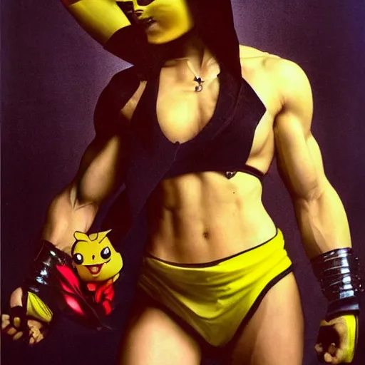 Prompt: muscular woman dressed up as Mortal Kombat pikachu art photo by Annie Liebovitz and Alphonse Mucha