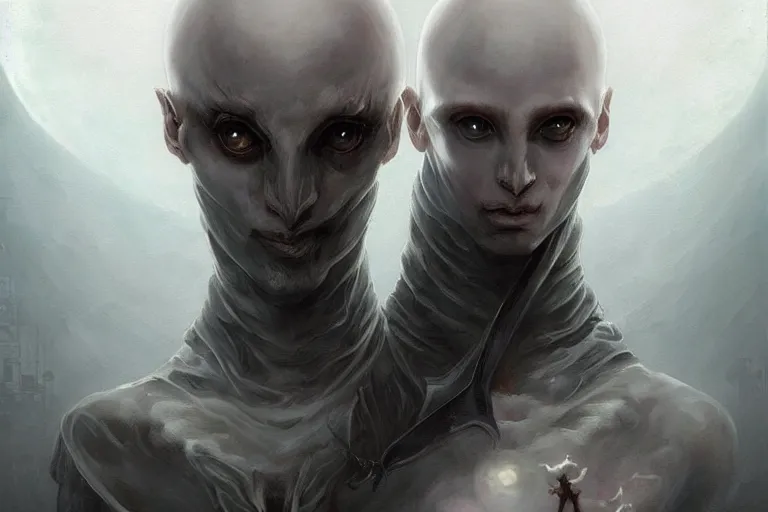 Prompt: a humanoid creature with pale white skin and a gaunt face. the creature is bald and its eyes are shining, emitting sunlight. it is wearing a black flowing cloak that looks like mist. art by peter mohrbacher.