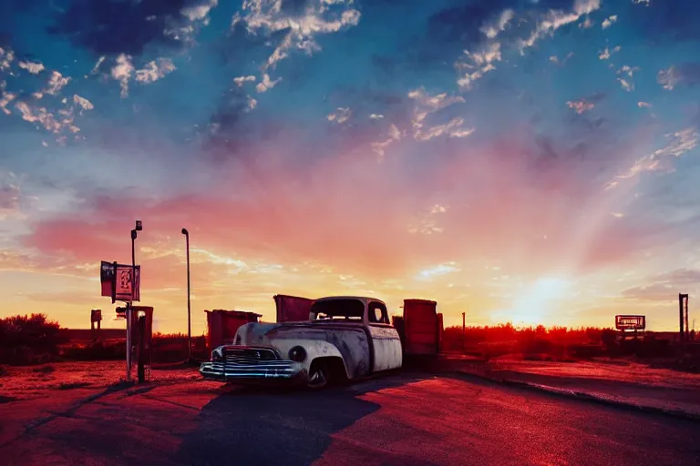 Image similar to a sunset light landscape with historical route 6 6, lots of sparkling details and sun ray ’ s, blinding backlight, smoke, volumetric lighting, colorful, octane, 3 5 mm, abandoned gas station, old rusty pickup - truck, beautiful epic colored reflections, very colorful heavenly, softlight