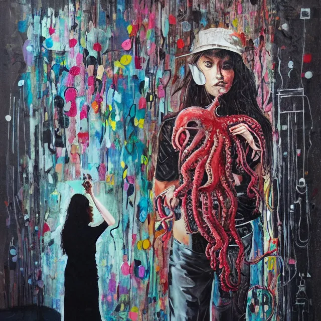 Image similar to a portrait in a dark apartment, cityscape, a female art student holding an octopus, rain made of milk, berries, broken bottles, metaphysical, neo - expressionism, surrealism, acrylic and spray paint and oilstick on canvas