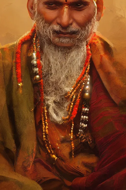 Image similar to hindu priest, close - up portrait, devoted, intricate, elegant, volumetric lighting, scenery, digital painting, highly detailed, artstation, sharp focus, illustration, concept art, ruan jia, steve mccurry