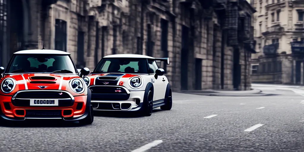 Prompt: mini cooper gts race in shape of silvia rocket bunny kit in the middle of a road on europe city, cinematic color grading, unreal 5, hyperrealistic, realistic, hasselblad photo, dynamic lighting, highly detailed, cinematic landscape, studio landscape, studio lighting, modern car design