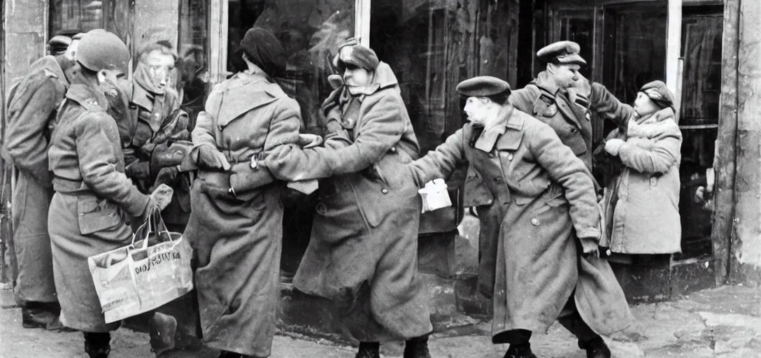 Image similar to photorealistic photograph of tired USSR soldiers stealing from an old woman at the store, 1940s, retro, award-winning