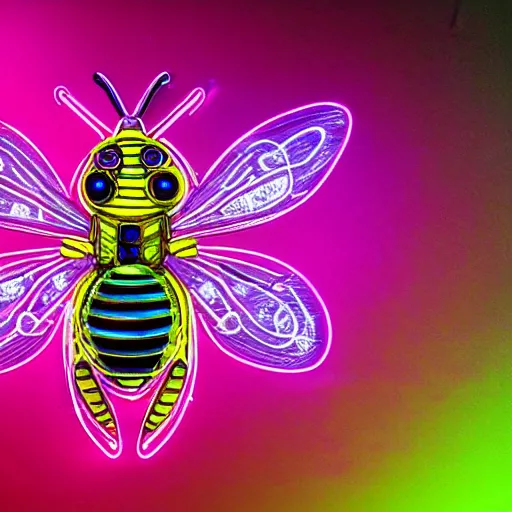 Image similar to cyberpunk queen bee with neon color body, highly detailed, steampunk