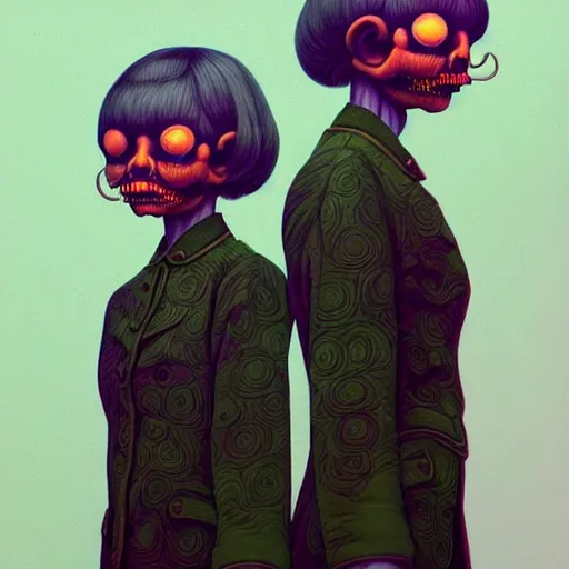 Image similar to creepy twins, dark background, backlit:: by Martine Johanna and Simon Stålenhag and Chie Yoshii and Casey Weldon and Guillermo del toro :: ornate, dynamic, particulate, intricate, elegant, highly detailed, centered, artstation, smooth, sharp focus, octane render, 3d