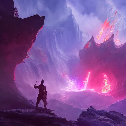 Image similar to a single ninja standing in the ruins of crux prime, purple fiery maelstrom in the distance, digital art, artstationhq