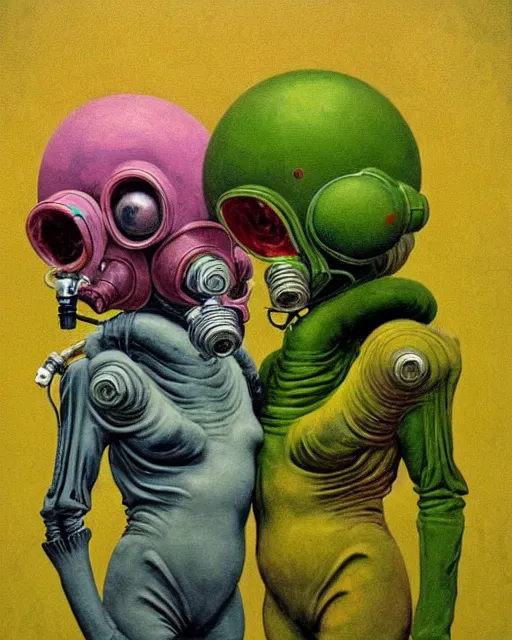 Prompt: Two alien figures wearing gas masks sharing an oxygen tank, draped in silky gold, pink and green, in a decayed hospital room with garbage in floor, in the style of Francis Bacon, Esao Andrews, Zdzisław Beksiński, Edward Hopper, surrealism, art by Takato Yamamoto and James Jean