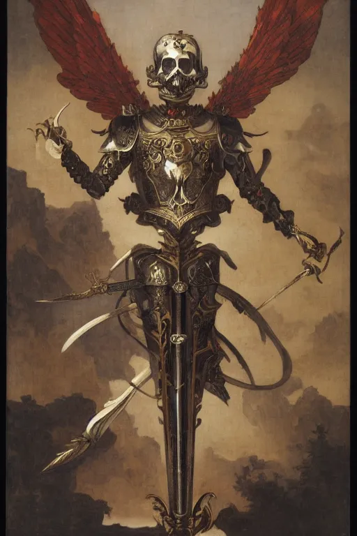 Image similar to portrait of a skeleton with chinese dragon in armor and helmet, majestic, solemn, big sword, wearing helmets and armor with wings, symmetrical, solemn, sacred, aura, by bouguereau