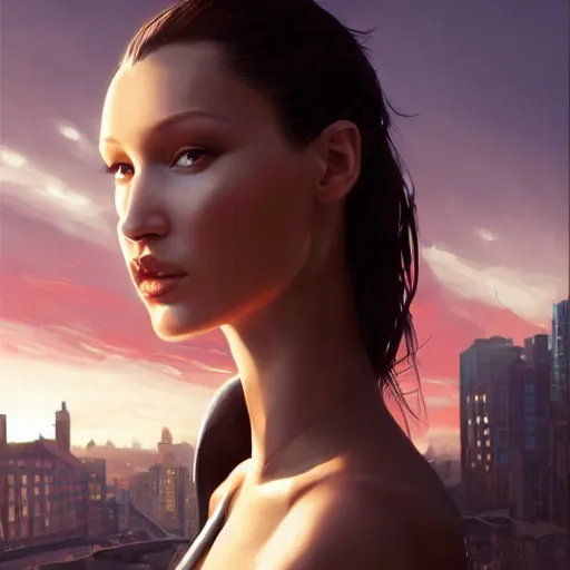 Image similar to a closeup portrait of bella hadid, dramatic light, city background, sunset, high contrast, sharp, painted by stanley lau, painted by greg rutkowski, painted by stanley artgerm, digital art, trending on artstation