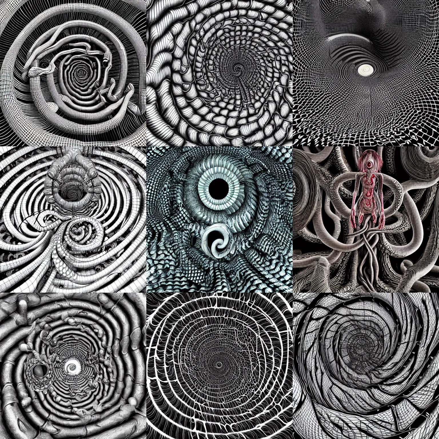 Prompt: highly detailed complex high definition 3D render of the works by Junji Ito, Japanese horror monstrosity, spiral, spirals, holes, dark complex horrific monster, Lovecraftian, Lovecraft, Junji Ito