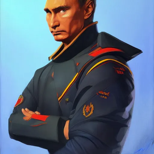 Image similar to Portrait painting Vladmir putin wearing a jacket and a collar, as an Overwatch character, medium shot, asymmetrical, profile picture, Organic Painting, sunny day, Matte Painting, bold shapes, hard edges, street art, trending on artstation, by Huang Guangjian and Gil Elvgren and Sachin Teng