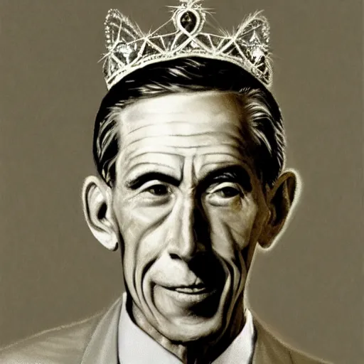 Prompt: Claude shannon father of cybernetics and artificial intelligence wearing a crown, highly detailed, award winning art, featured on art station