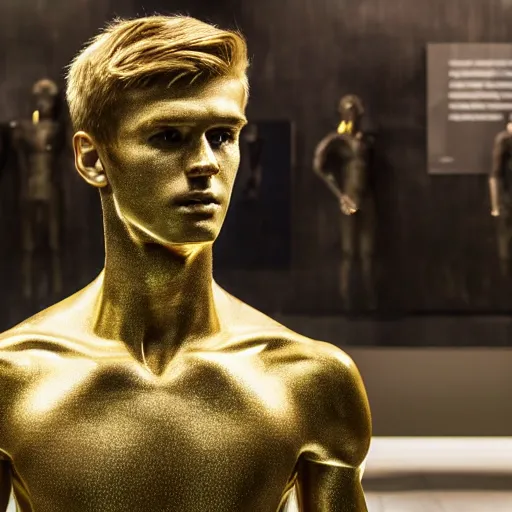 Prompt: a realistic detailed photo of a guy who is an attractive humanoid who is half robot and half humanoid, who is a male android, soccer players martin ødegaard, shiny skin, posing like a statue, blank stare, in a museum, on display, showing off his muscles, gold soccer shorts, ground view, porcelain statue