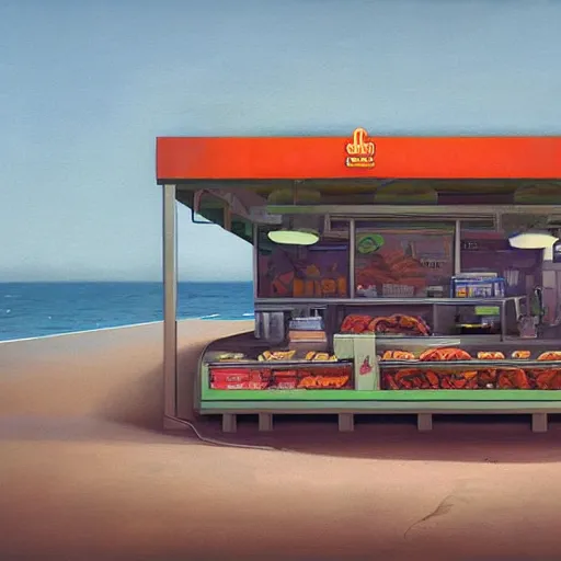 Prompt: fast food counter by the beach by simon stalenhag