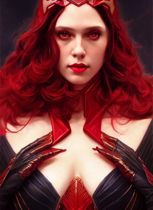 Image similar to Scarlet Witch as Lucifer morningstar, slight smile, highly detailed, digital painting, artstation, concept art, sharp focus, illustration, art by wlop and J. C. Leyendecker and Edmund Bliar Leighton and Charlie Bowater