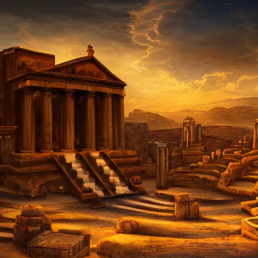 Prompt: Cinematic view of ancient fantasy city with greek architecture in a searing desert; fantasy art