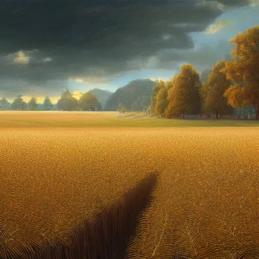 Prompt: Beautiful hyperrealistic detailed matte painting of a landscape of a landscape of wheat fields on which stands a large wooden toilet with a heart cut out of lost vibes in the foreground and a dark forest in the background during autumn, afternoon, winter, by andreas rocha and john howe, and Martin Johnson Heade, featured on artstation, featured on behance, golden ratio, ultrawide angle, f32, well composed, cohesive