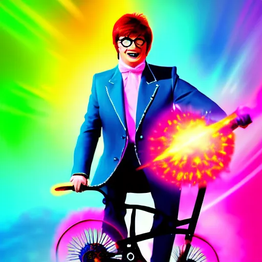 Prompt: austin powers riding a unicycle, clouds, nebulae, starburst, neon colors, dreamy, phone wallpaper, 4 k, unreal engine, artstation, colorful, beautiful