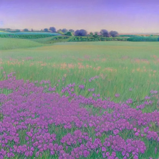 Image similar to a painting of purple flowers in a field, a matte painting by Edward Okuń, featured on deviantart, american impressionism, matte painting, anime aesthetic, matte drawing, pastel