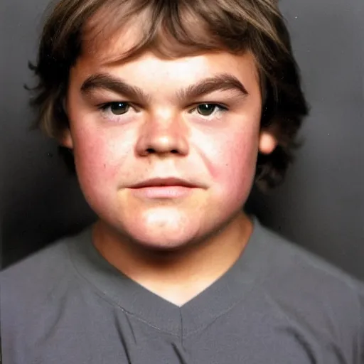 Prompt: frontal portrait photo of jack black, age 1 0
