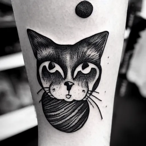 Image similar to stick and poke tattoo of a cat with 4 eyes, black and white tattoo, linework