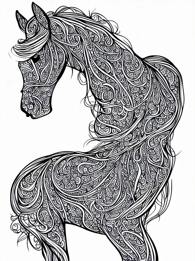 Image similar to beautiful horse, ornamental, fractal, ink draw, line art, vector, outline, simplified