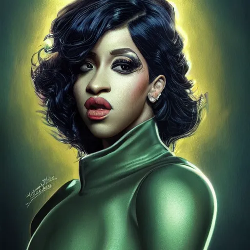 Image similar to full figure ultra realistic illustration, cardi b as the riddler, intricate, elegant, highly detailed, digital painting, artstation, concept art, smooth, sharp focus, illustration, art by artgerm and greg rutkowski and alphonse mucha