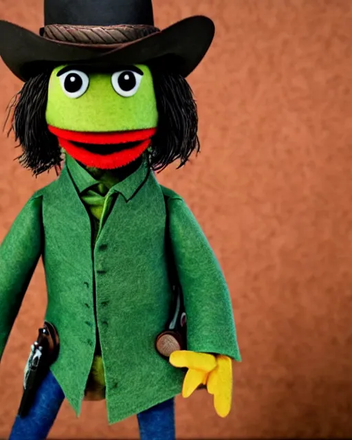 Image similar to john marston as a muppet. highly detailed felt. hyper real photo. 4 k.