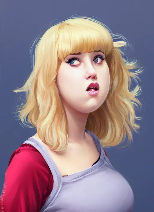 Image similar to full body teenage betty cooper, blonde hair, obese, bangs, ponytail, sultry, realistic, sultry smirk, ponytail, fluffy bangs, curly bangs, fat, belly, beautiful girl, intricate, elegant, highly detailed, digital painting, artstation, concept art, smooth, sharp focus, illustration, art by wlop, mars ravelo and greg rutkowski