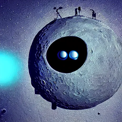 Image similar to detailed masterpiece ofthe moon with cartoon eyes and mouth on it, old photo, detailed, sci - fi, technology, digital art, art station, beeple