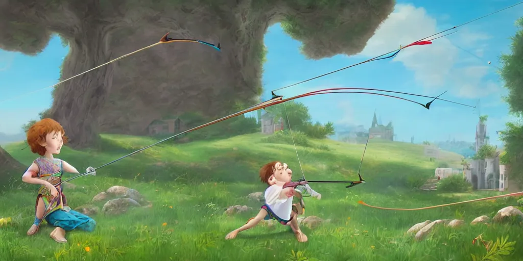 Image similar to a young boy practicing archery in the backyard of a castle, illustration digital art, matte painting, vivid colors, flat colors, cinematic, surreal, wide angle, made by chiho aoshima, trending on artstation, detailed