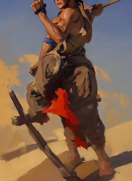 Prompt: greg manchess side portrait of a filipino fighter with a staff standing on a tank, organic painting, sunny day, matte painting, bold shapes, hard edges, street art, trending on artstation, by huang guangjian, gil elvgren, ruan jia, randy vargas, greg rutkowski