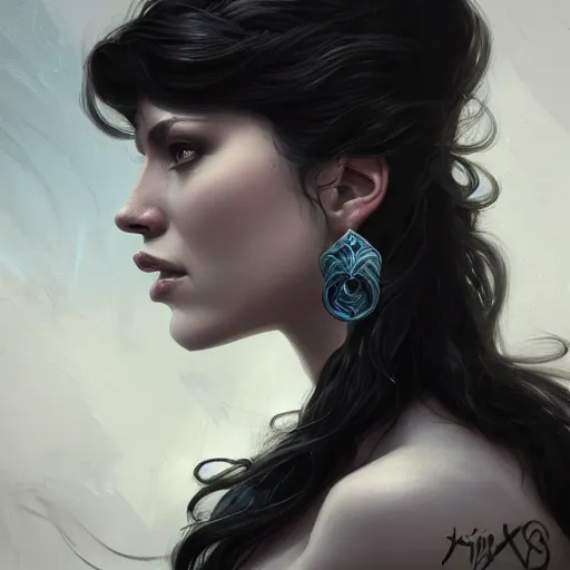 Image similar to Kimberly Kane is a hue created with swirls of black gouache, hopeless grey, and a daub of cold blue, intricate, highly detailed, digital painting, artstation, concept art, smooth, sharp focus, illustration, Unreal Engine 5, 8K, art by artgerm and greg rutkowski and alphonse mucha, fantasy epic digital art, epic fantasy card game art