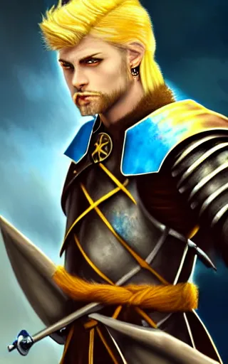 Image similar to a rugged young knight with blonde hair and blue eyes and a short beard and a scar under his left eye wearing a blue shirt steel pauldrons and a yellow cape and leather boots by Tony Sart, realistic, highlyt detailed, masterpiece, ArtStation