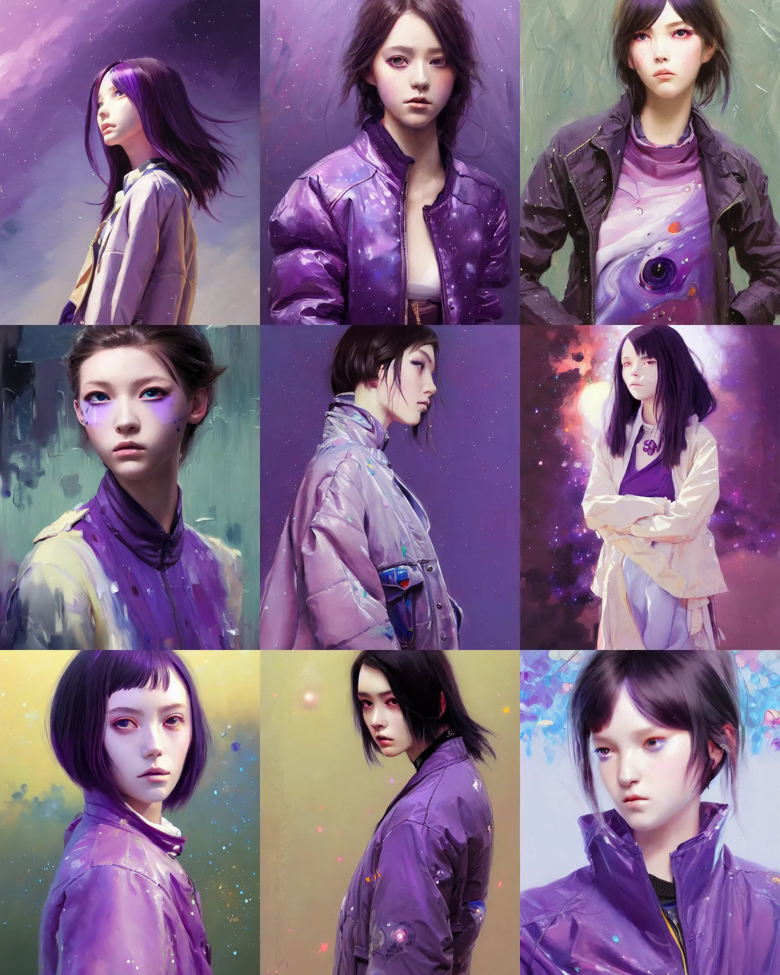 Prompt: a painting of a fully dressed girl wearing a jacket upper body with beautiful purple galaxy eyes, highly detailed, digital painting, artstation, sharp focus, dreamy illustration, art by katsuhiro otomo ghost - in - the - shell, artgerm, jeremy lipkin and giuseppe dangelico pino and michael garmash and rob rey