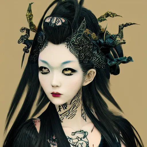 Image similar to japanese gothic model with maximalist hair style and kanji tattoos, dark colors, fashion model, portrait shot, depth of field, 8 k, hyper detailed, intricate, trending on artstation