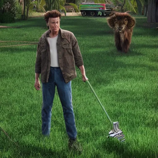 Image similar to hyperrealistic film still of ace ventura as the lawnmower man, stunning 3 d render, inspired by istvan sandorfi & greg rutkowski & unreal engine, perfect symmetry, dim volumetric cinematic lighting, 8 k octane comprehensive render, extremely hyper - detailed, incredibly lifelike attributes, intricate, real flesh texture, masterpiece, artstation, stunning,