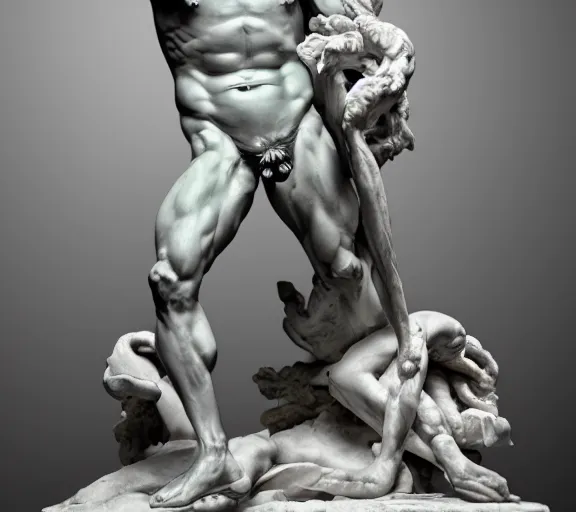 Image similar to a hyper-detailed marble status of Poseidon by Michelangelo; anatomically correct; an extraordinary masterpiece!!!; proud posture; photorealistic eyes; trending on artstation; f/1.4; 90mm