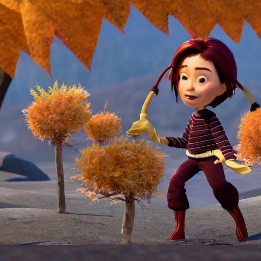 Prompt: a stopmotion animation character, a beautiful canadian woman, gardening, very attractive, spiky dark grey hair, striped sweater, tight denim jeans, maroon doc marten boots, canadian maple leaves blowing about, mountains, autumn, unreal engine 5, 8 k, kubo and the two strings, disney, pixar,